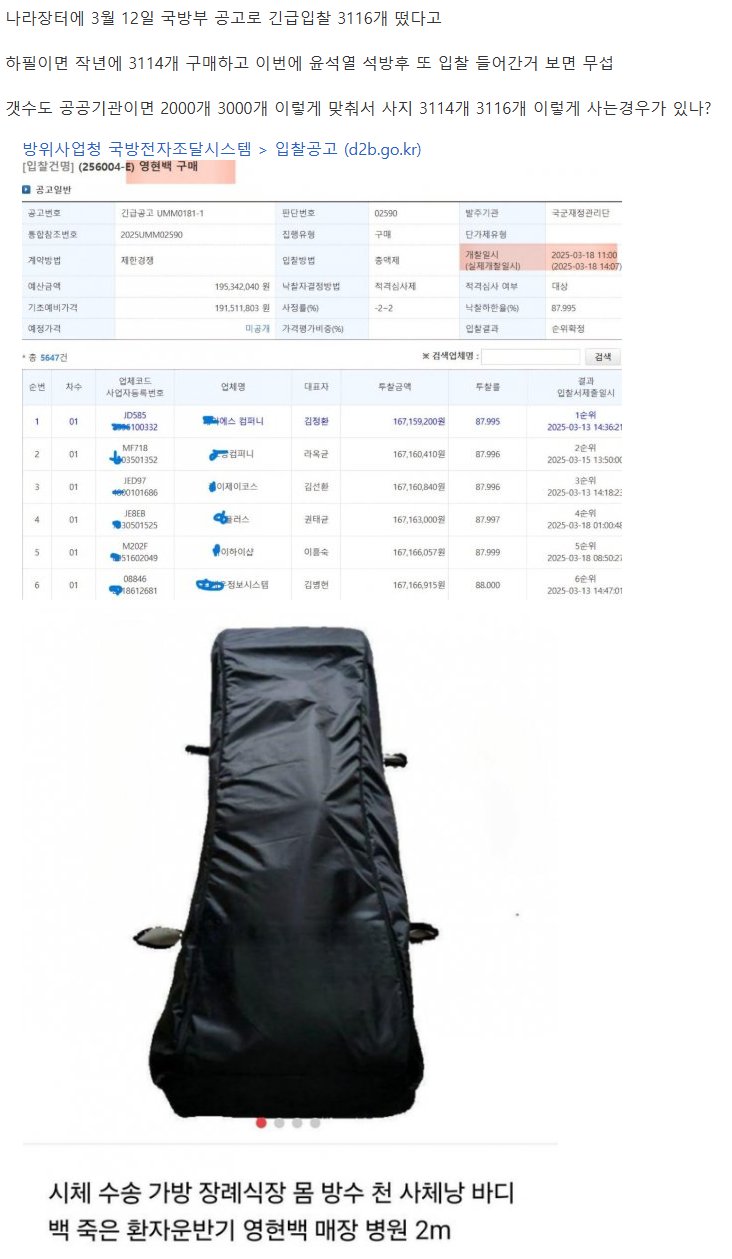 국방부 영현백 3월 12일자로 긴급입찰 추가구매