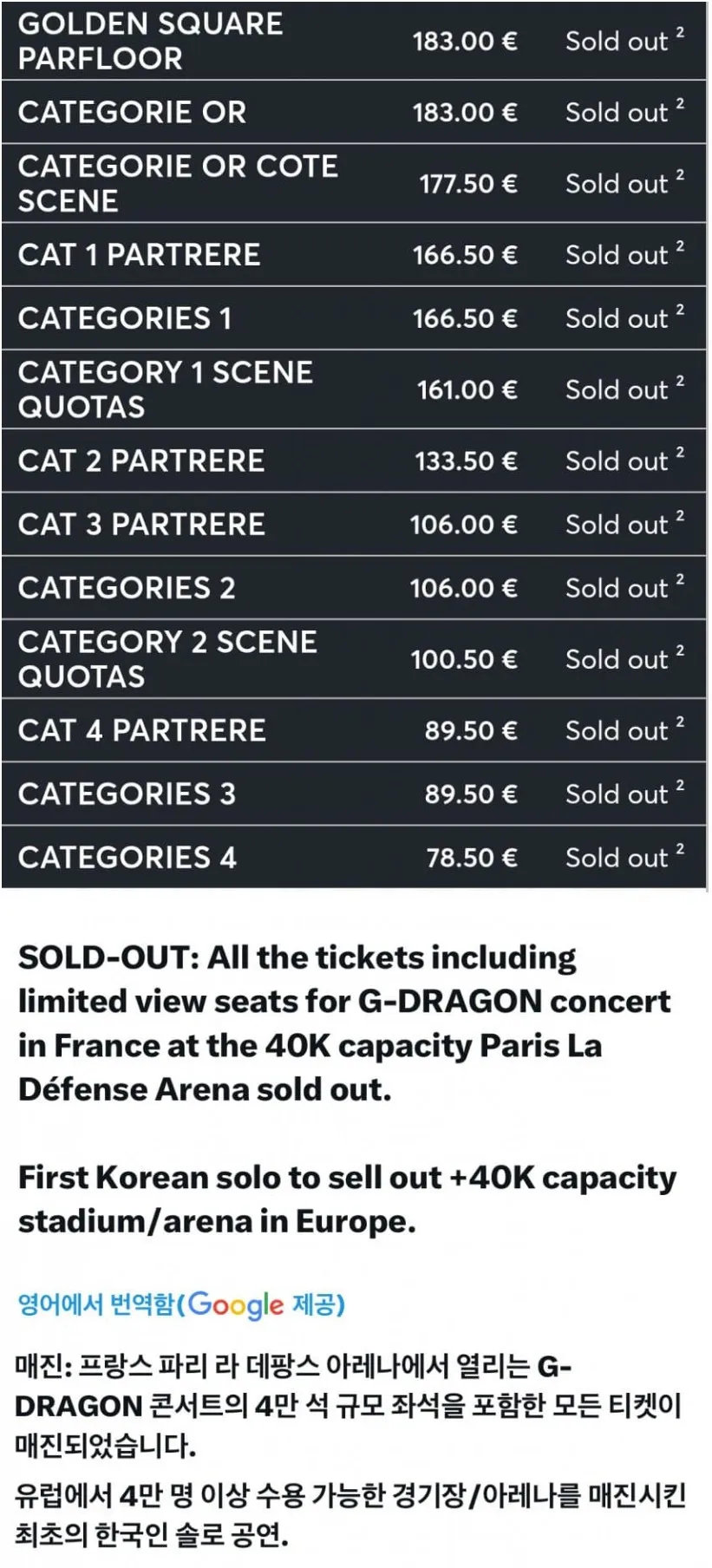 지드래곤 프랑스 월드투어 관객석 관련 이미지