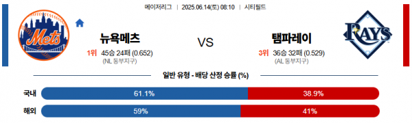 6월 14일 MLB 뉴욕메츠 vs 탬파레이