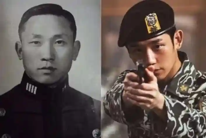 고 김오랑(왼쪽) 중령과 영화 ‘서울의 봄’에서 오진호 소령을 연기한 배우 정해인(오른쪽). 오진호 소령의 실제 모델이 김오랑 중령이다. 한겨레 자료사진, 플러스엠 엔터테인먼트 제공