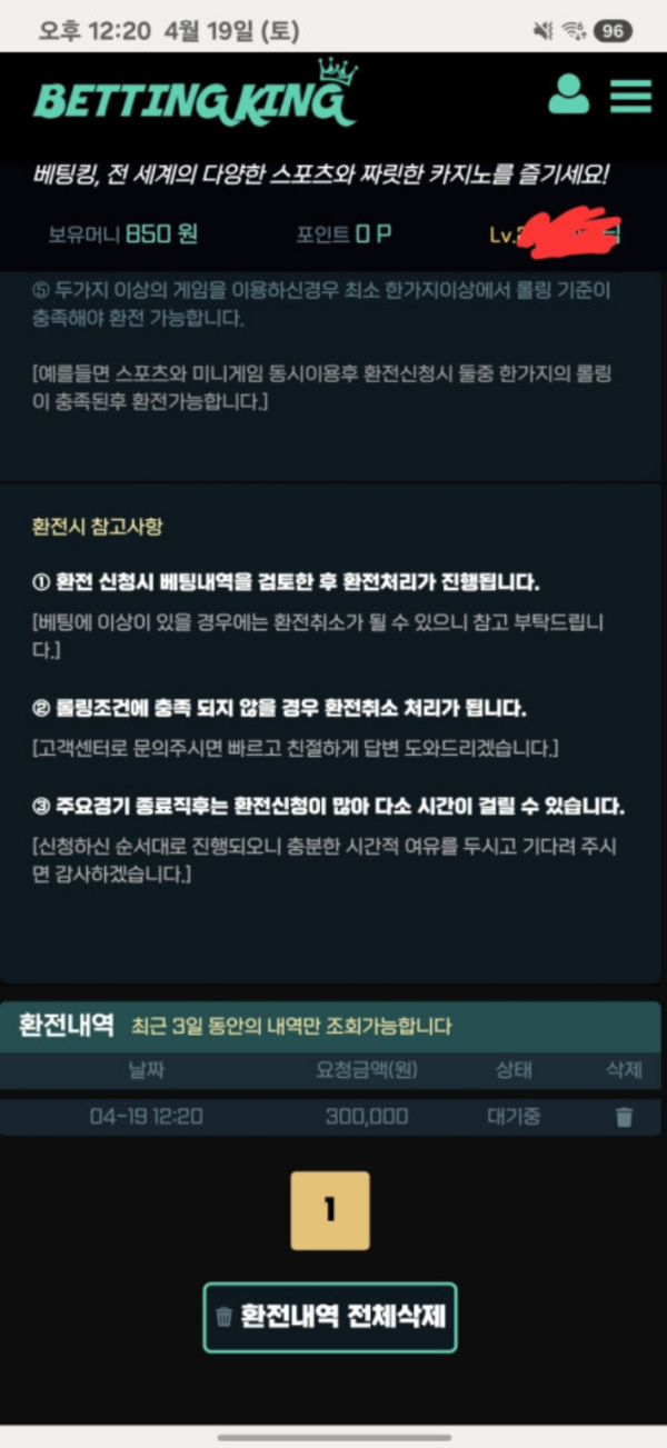 배팅킹 3만원 충전 후 30만원 환전 취소ㅋㅋ